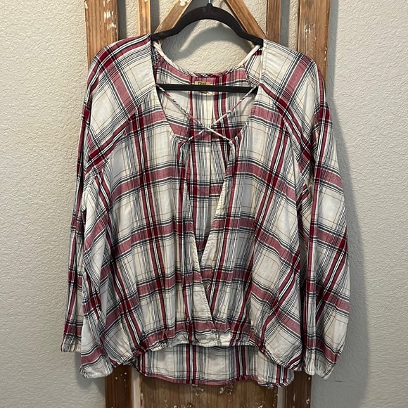 True Craft 3X 100% Cotton Faux Wrap Top W X Detail Top Balloon Sleeve Hi Low - Picture 1 of 8